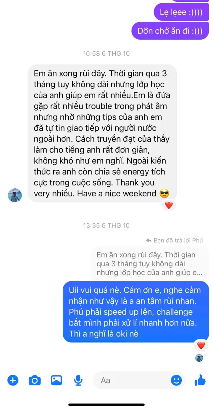 Tin nhắn học viên Phú: sau 3 tháng tự tin giao tiếp với người nước ngoài hơn, phát âm hết kẹt
