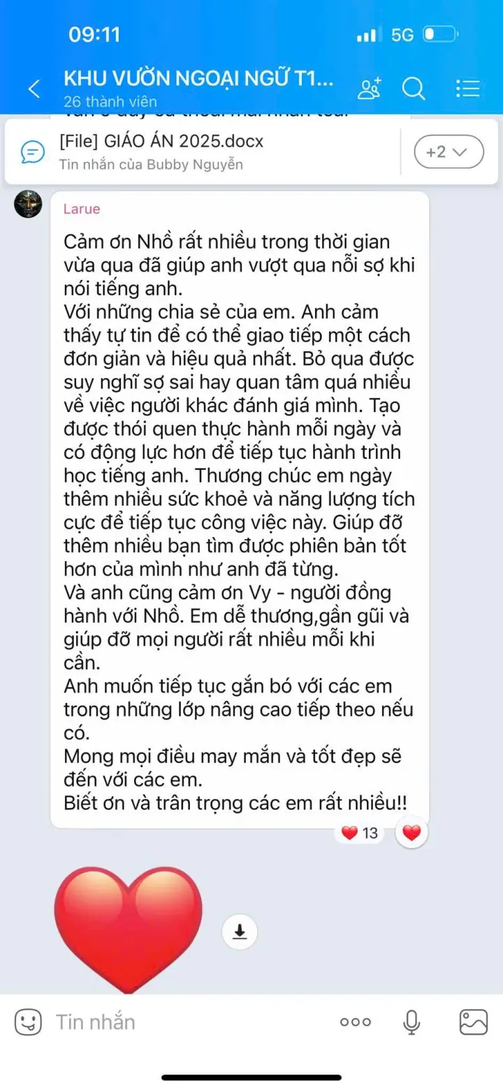 Tin nhắn học viên Larue: hết sợ nói tiếng Anh, tự tin giao tiếp, muốn học lớp nâng cao
