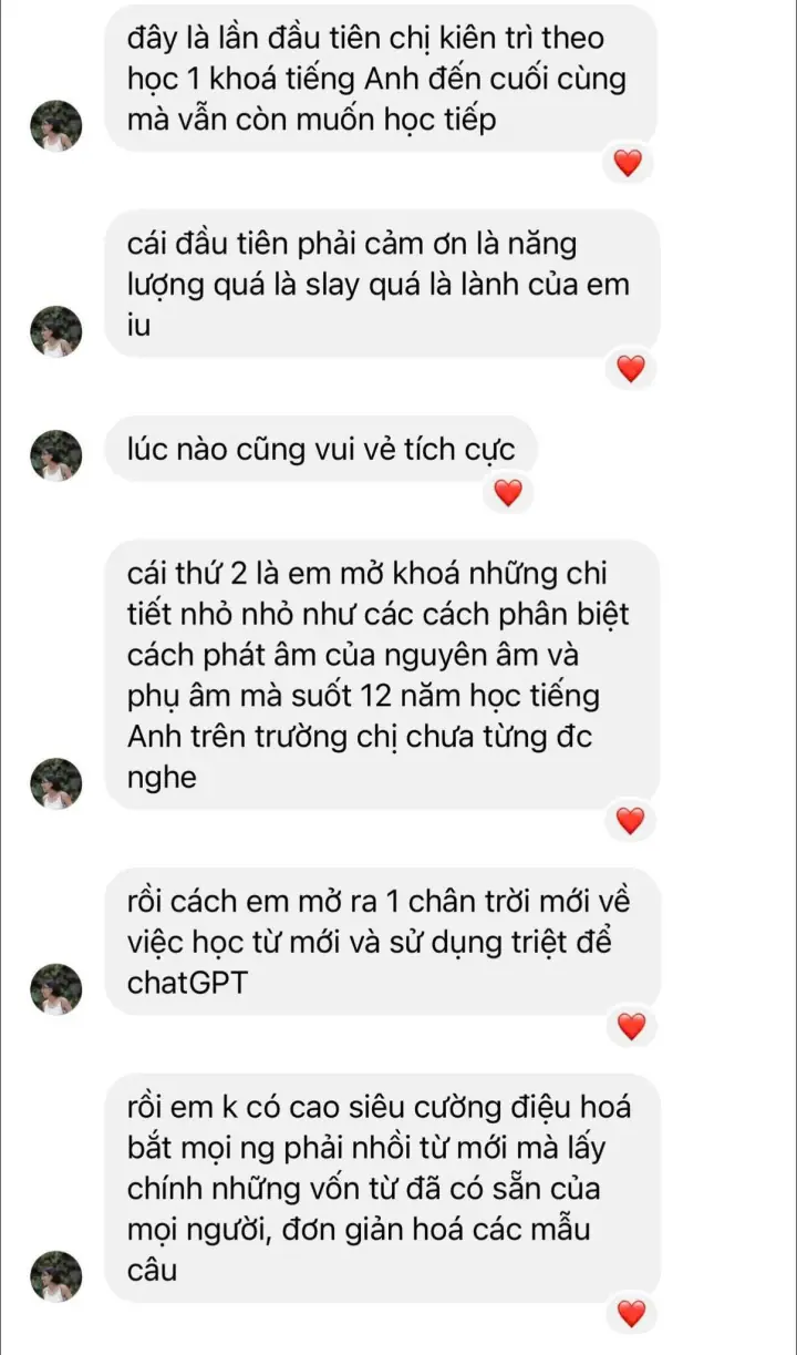 Tin nhắn học viên: lần đầu kiên trì học hết khóa, mở được phát âm và cách học từ với ChatGPT