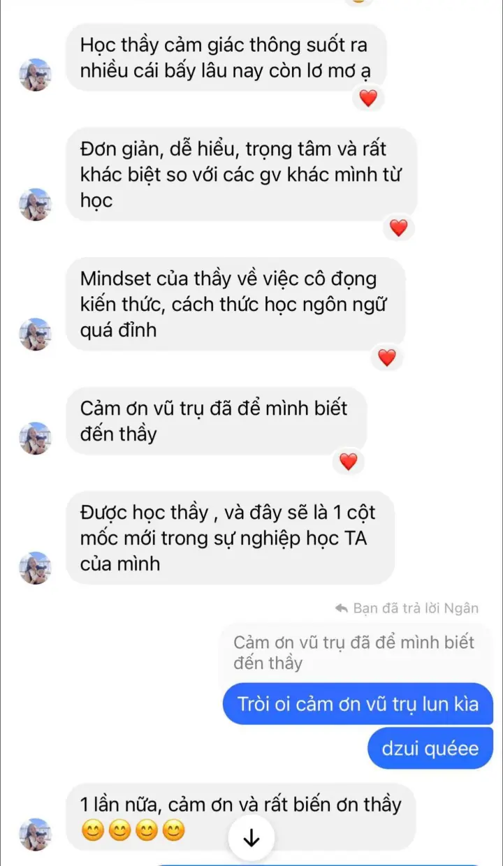 Tin nhắn học viên: kiến thức thông suốt, đơn giản dễ hiểu, một cột mốc mới khi học tiếng Anh