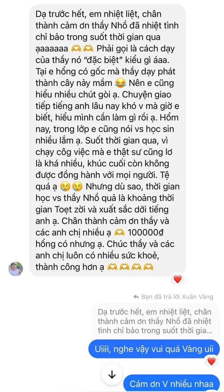 Tin nhắn học viên Xuân Vàng: phương pháp đặc biệt, tự tin nói trên lớp dù gốc yếu