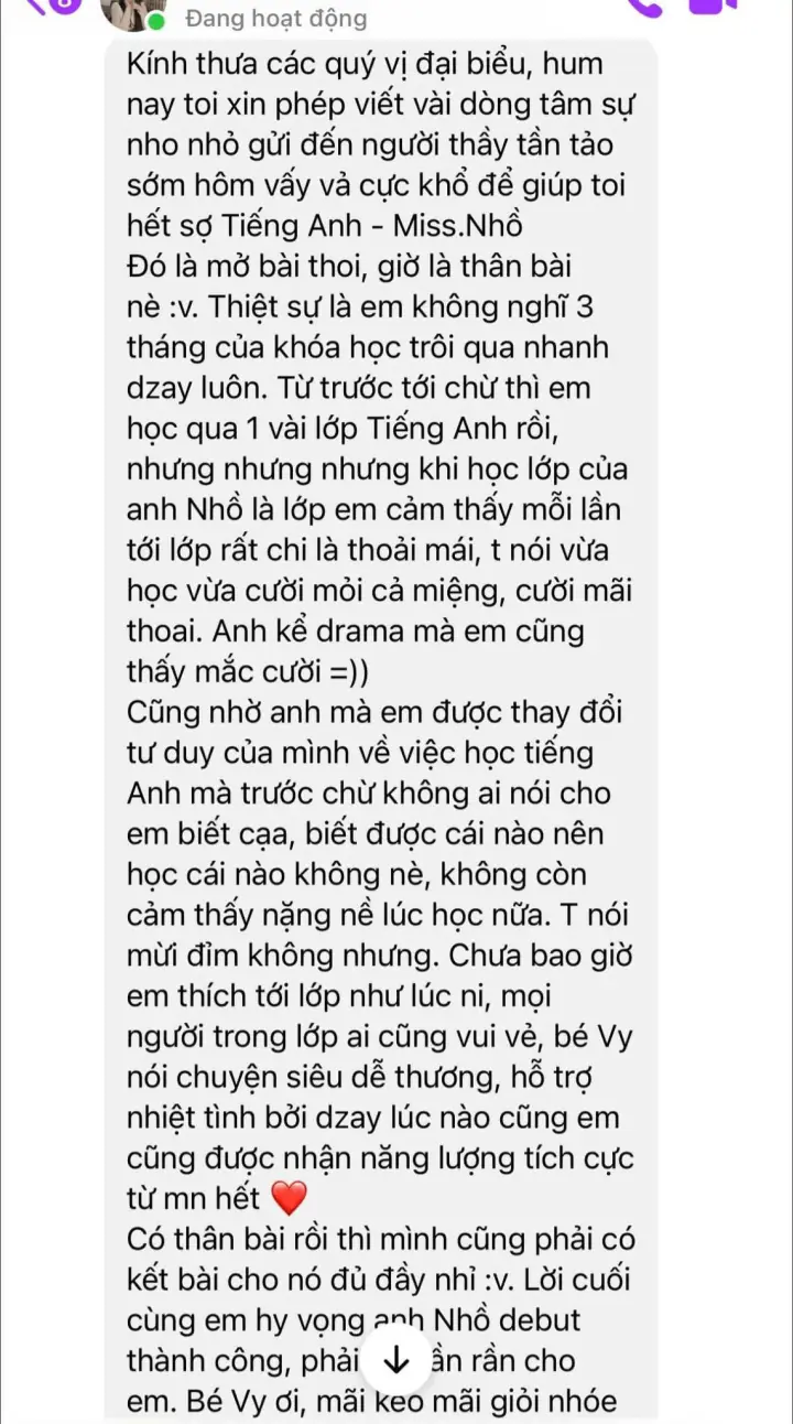 Tin nhắn học viên: khóa 3 tháng 10/10, hết sợ tiếng Anh, lớp vui và thoải mái