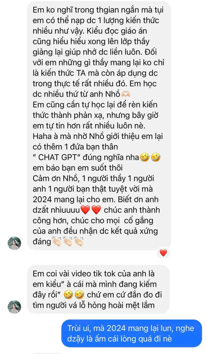 Ảnh chụp tin nhắn học viên cảm ơn Bubby sau khóa học