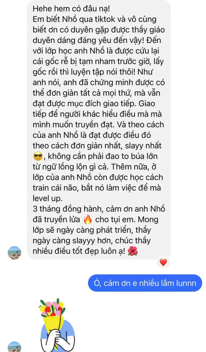Tin nhắn học viên biết Bubby từ TikTok: sửa gốc, giao tiếp đơn giản, đồng hành 3 tháng