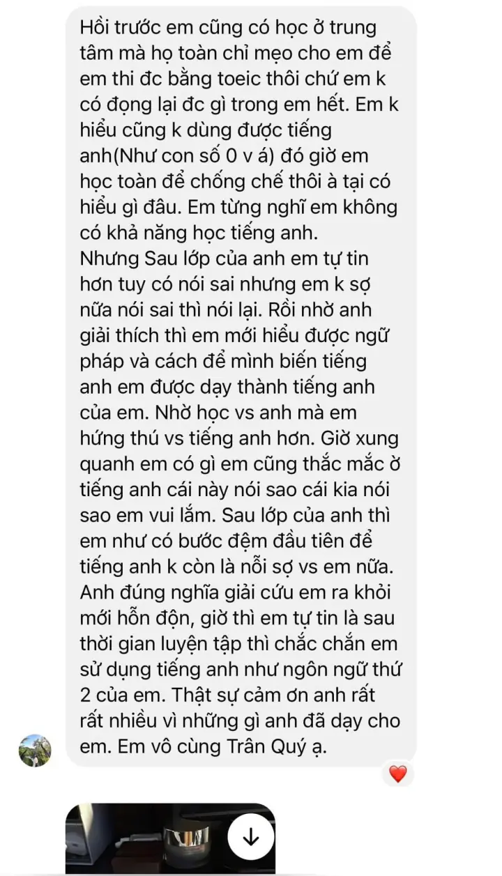 Ảnh chụp tin nhắn học viên cảm ơn Bubby sau khóa học