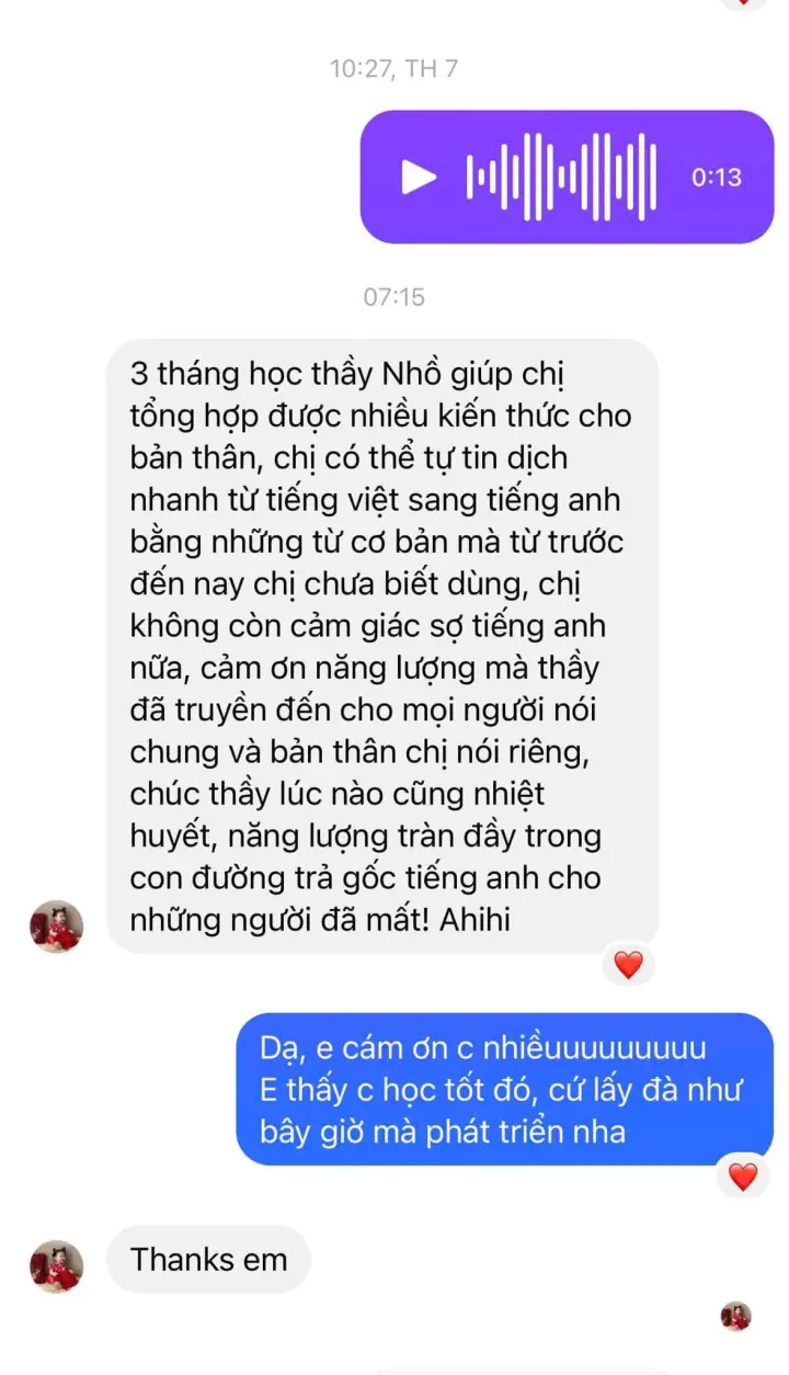 Ảnh chụp tin nhắn học viên cảm ơn Bubby sau khóa học