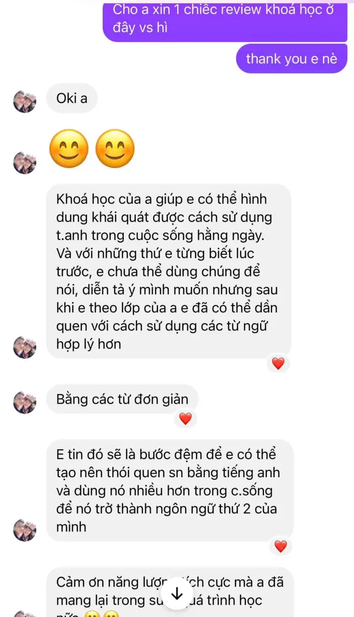 Ảnh chụp tin nhắn học viên cảm ơn Bubby sau khóa học