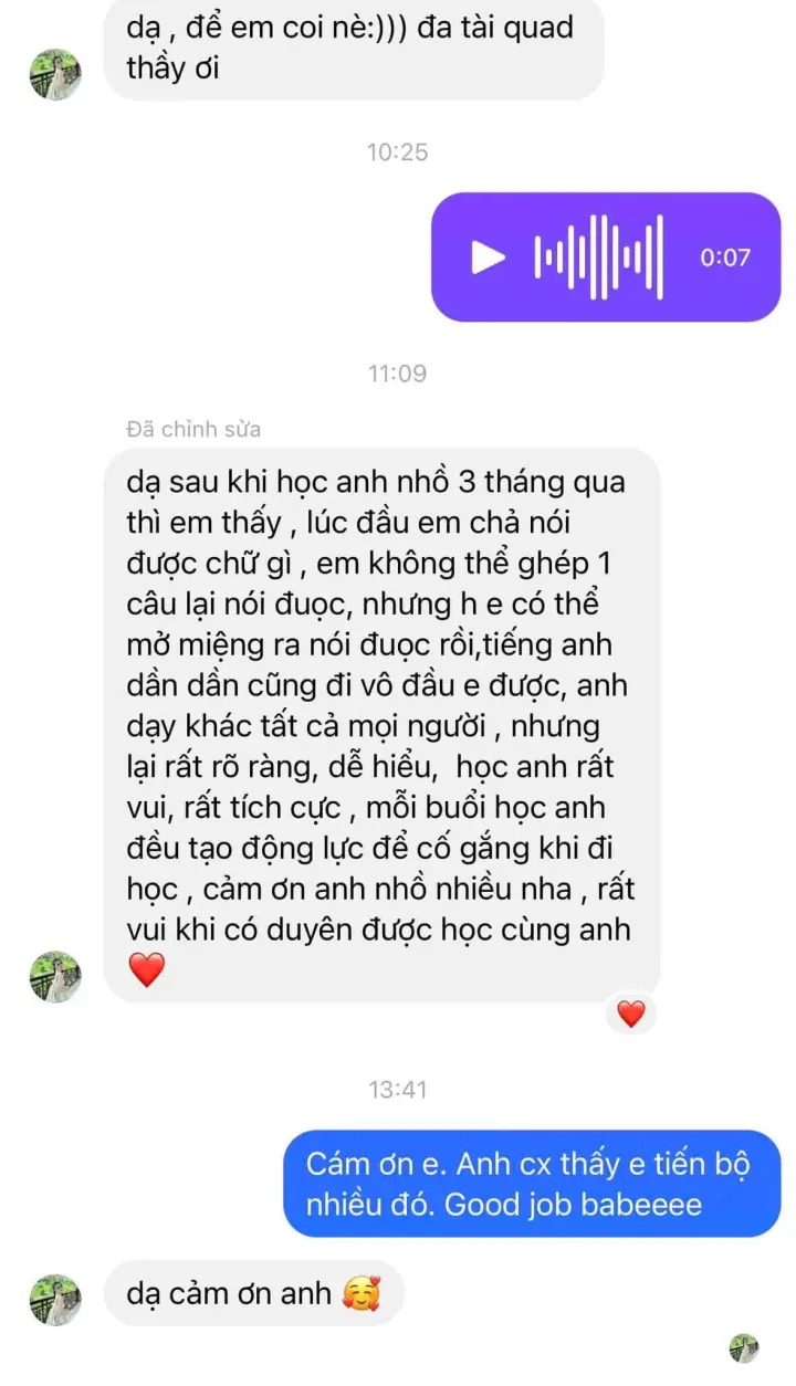 Ảnh chụp tin nhắn học viên cảm ơn Bubby sau khóa học