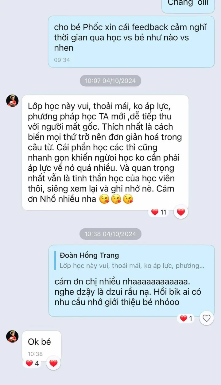 Ảnh chụp tin nhắn học viên cảm ơn Bubby sau khóa học