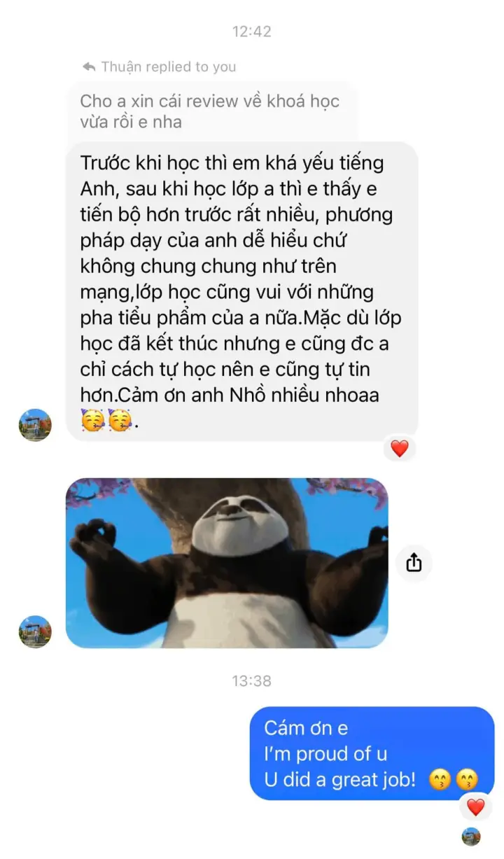 Ảnh chụp tin nhắn học viên cảm ơn Bubby sau khóa học