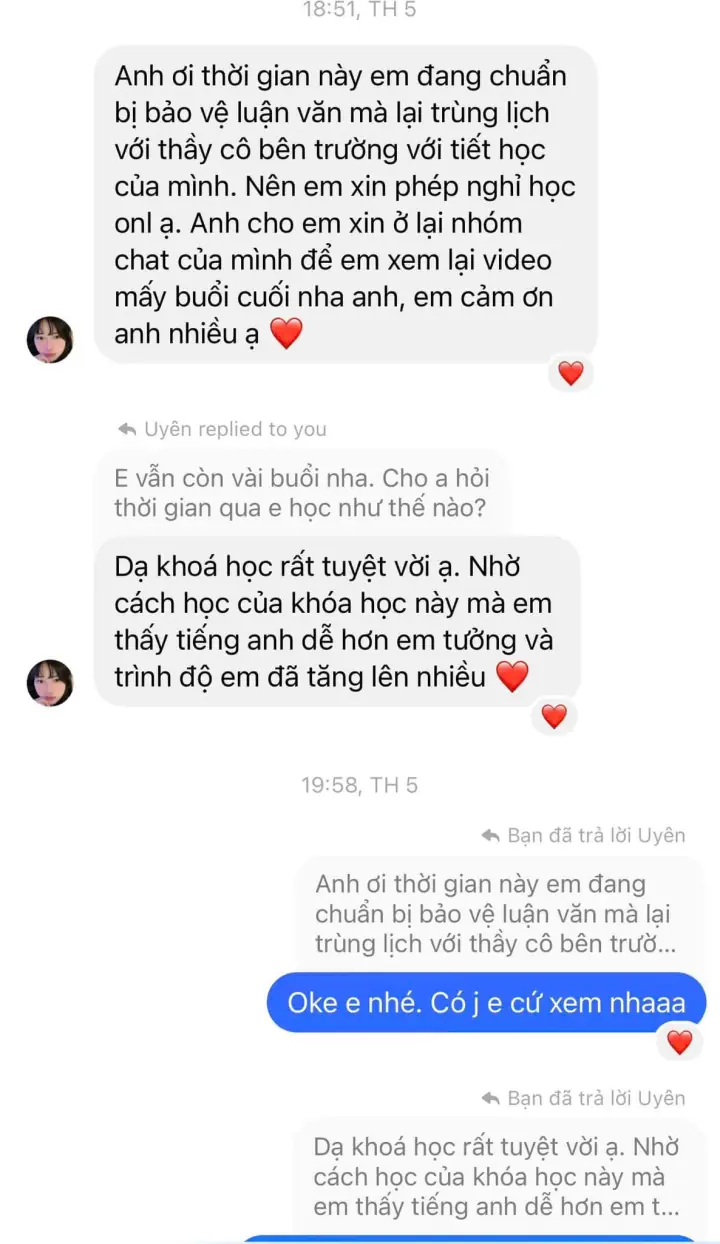 Ảnh chụp tin nhắn học viên cảm ơn Bubby sau khóa học