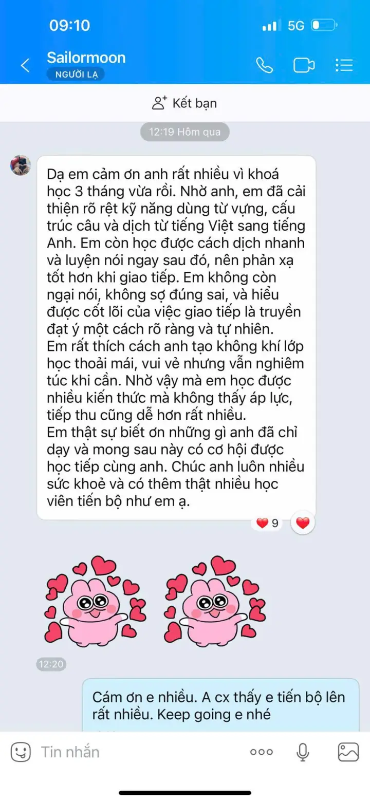 Tin nhắn học viên: cải thiện từ vựng, dịch, hết ngại nói sau khóa 3 tháng