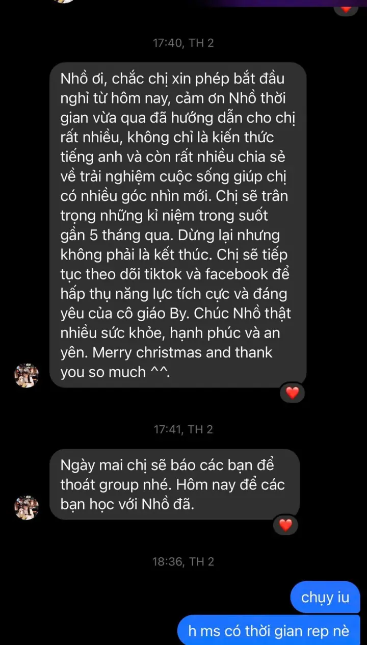 Ảnh chụp tin nhắn học viên cảm ơn Bubby sau khóa học