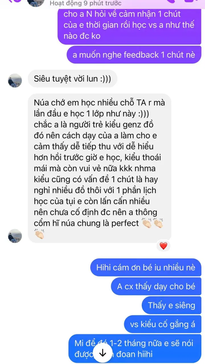 Ảnh chụp tin nhắn học viên cảm ơn Bubby sau khóa học