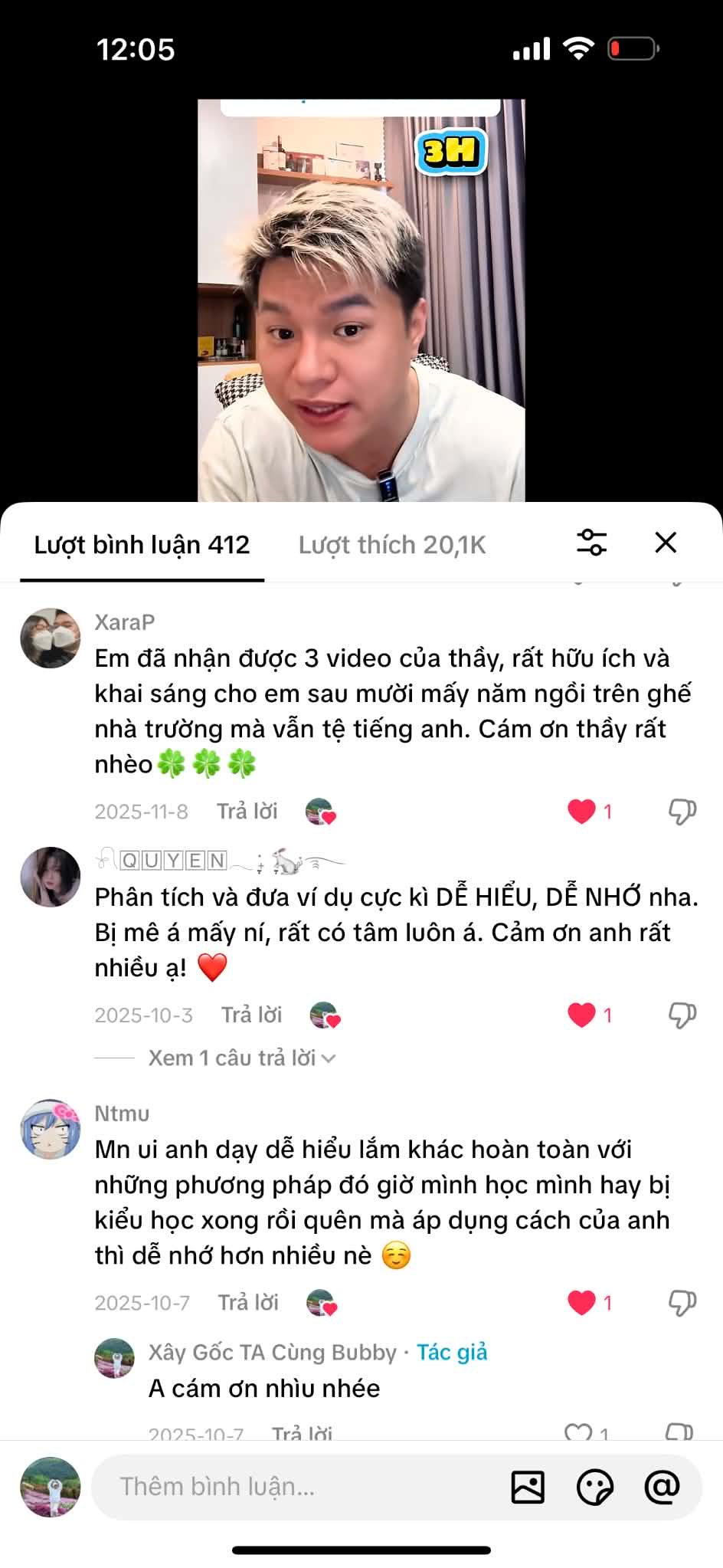 Ảnh chụp bình luận của người xem trên TikTok English with Bubby, ảnh 1 trên 9